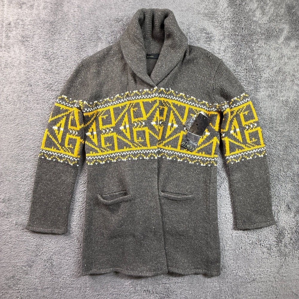 Press Womens S Gray Open Front Cardigan Knit Wool Blend Y2K Nordic Print
